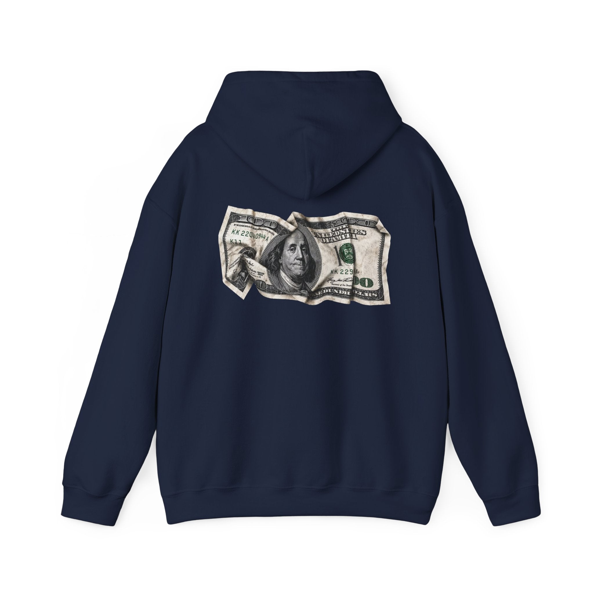 Money Graphic Hoodie - Strikethrough 'MONEY' Front & Crumpled 100 Back
