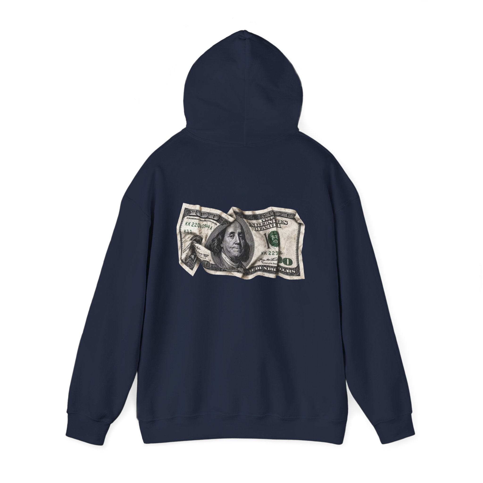 Money Graphic Hoodie - Strikethrough 'MONEY' Front & Crumpled 100 Back