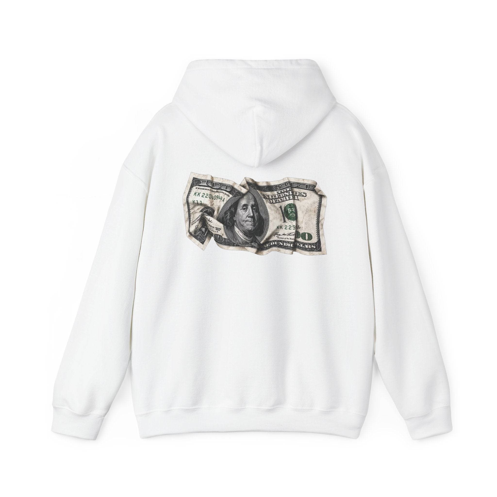 Money Graphic Hoodie - Strikethrough 'MONEY' Front & Crumpled 100 Back