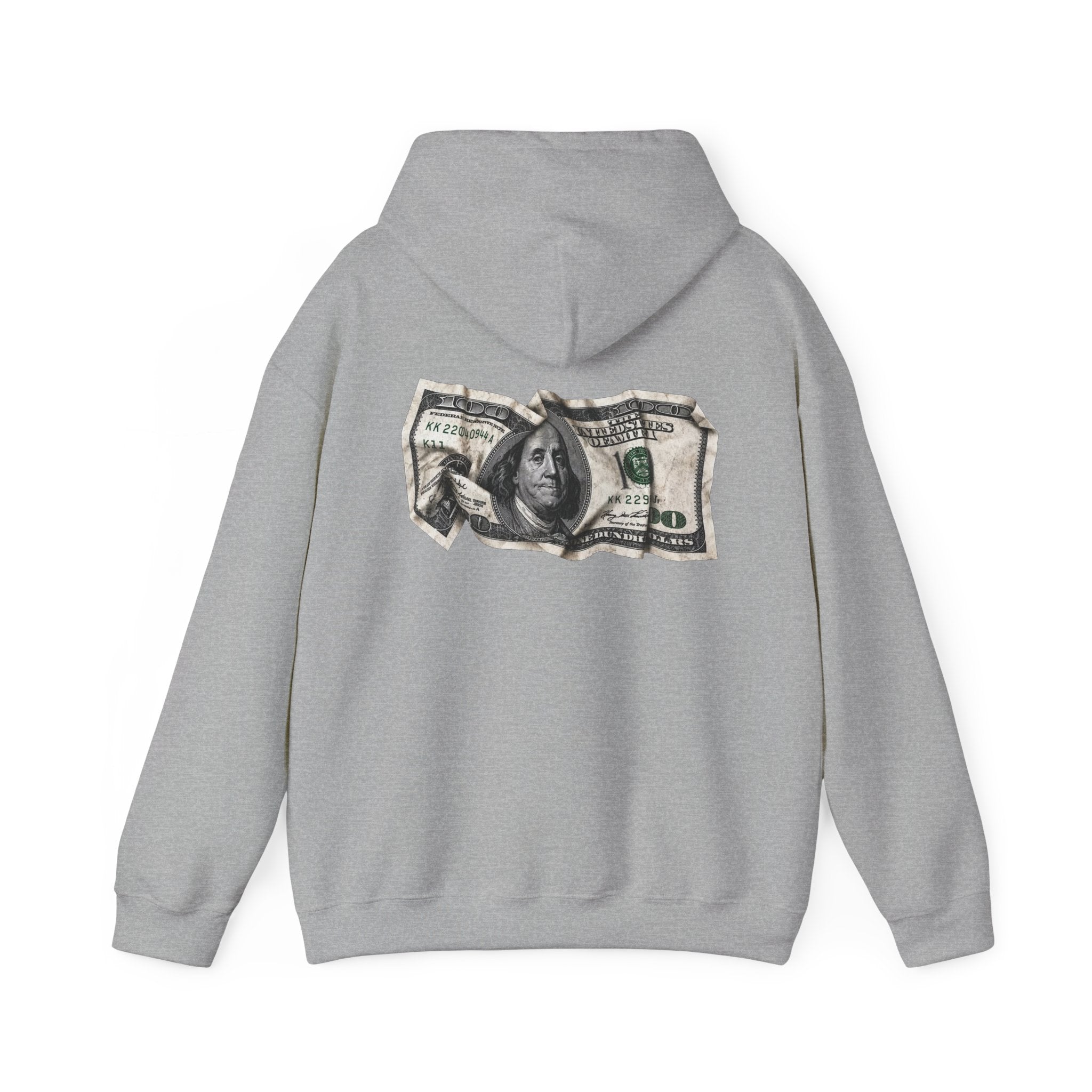 Money Graphic Hoodie - Strikethrough 'MONEY' Front & Crumpled 100 Back