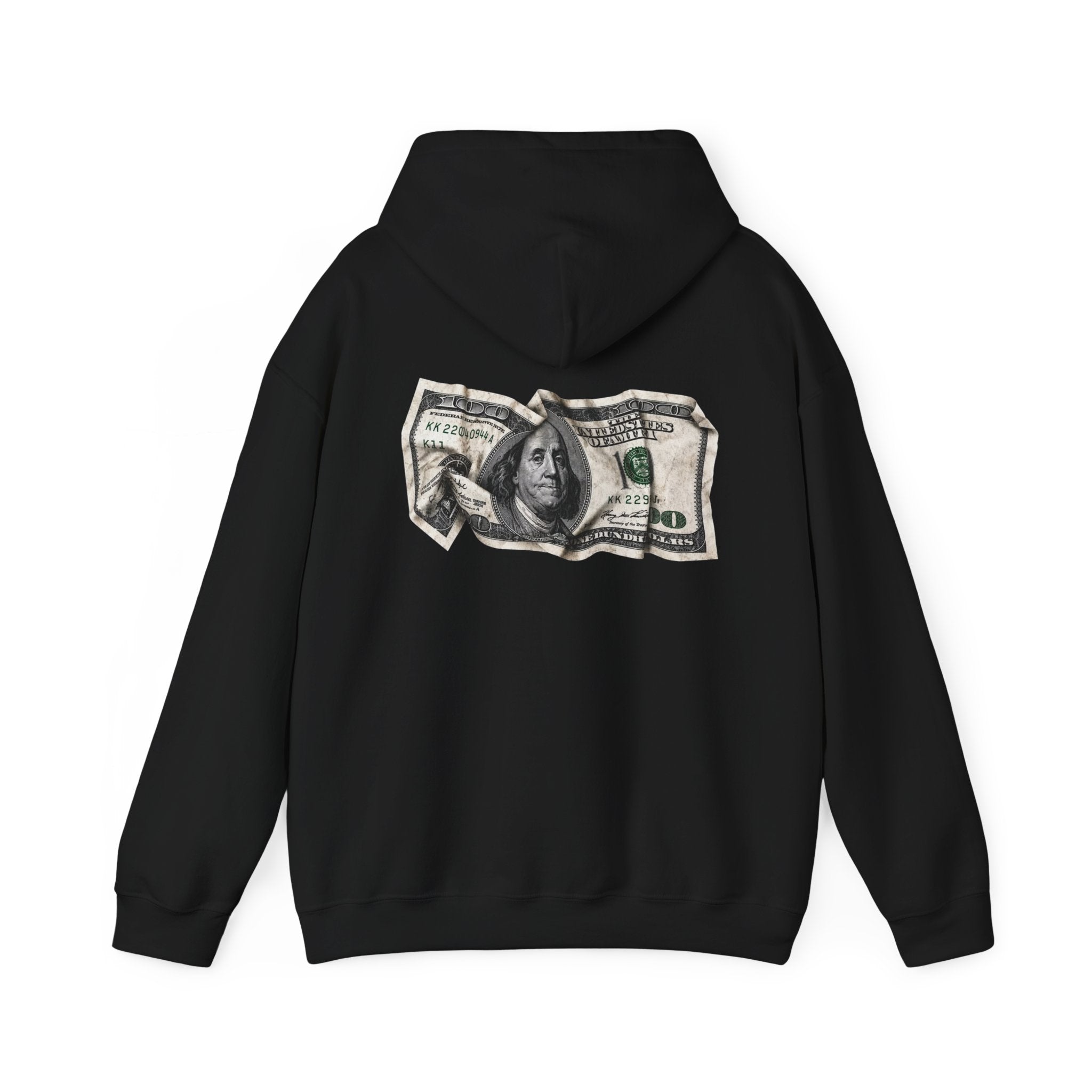 Money Graphic Hoodie - Strikethrough 'MONEY' Front & Crumpled 100 Back