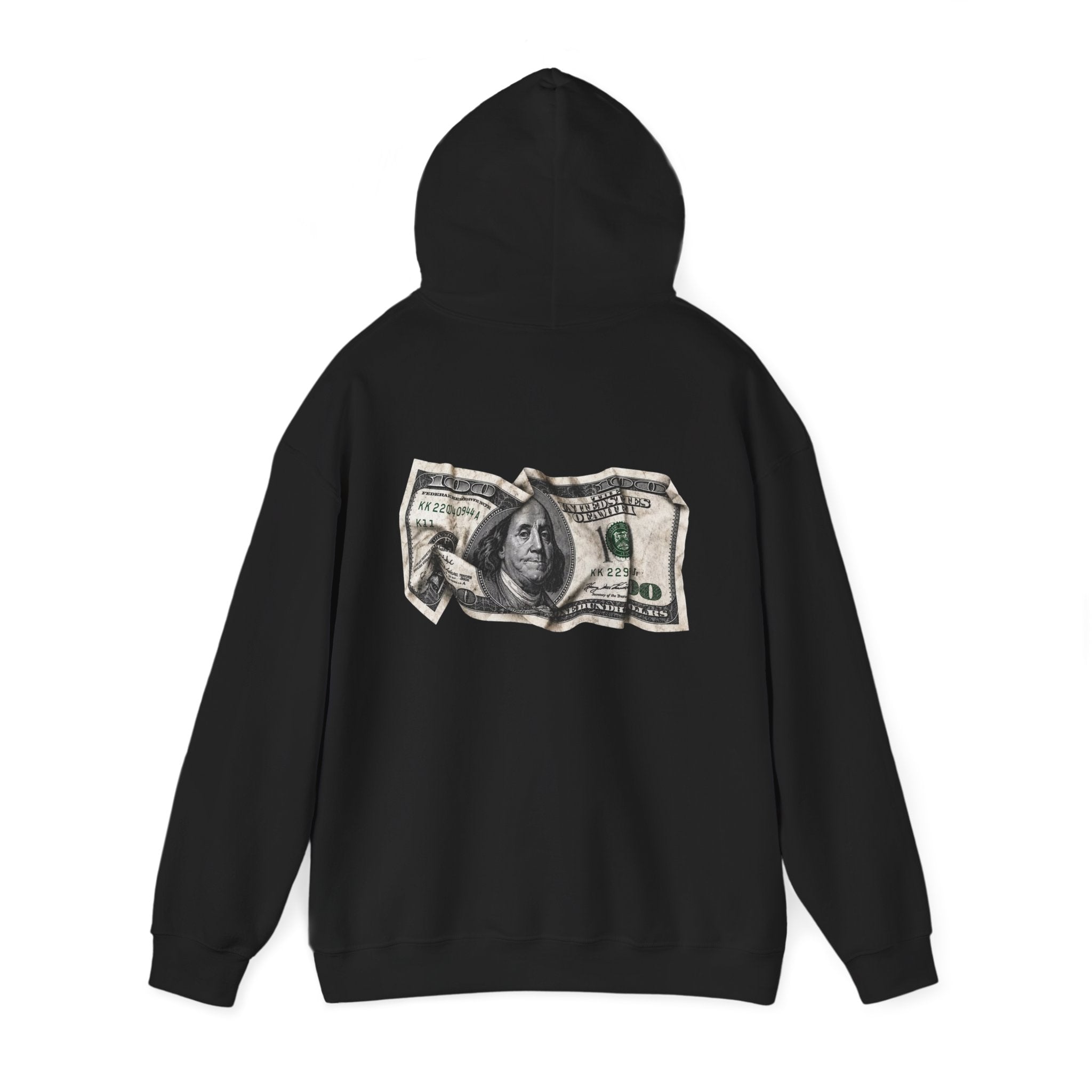 Money Graphic Hoodie - Strikethrough 'MONEY' Front & Crumpled 100 Back